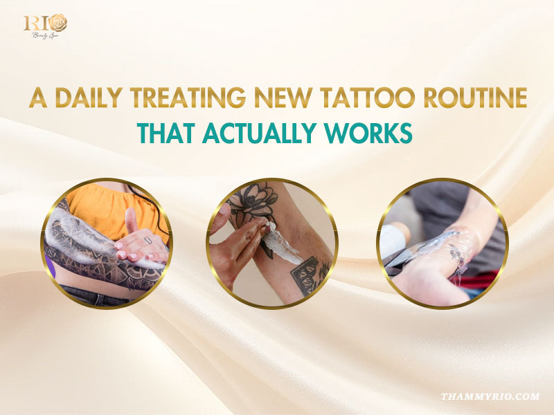 Three steps for a daily treating new tattoo routine including washing, moisturizing, and protecting.