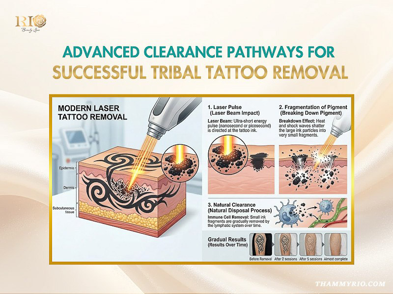 Diagram of modern laser tribal tattoo removal process and clearance pathways at Rio Beauty Spa.
