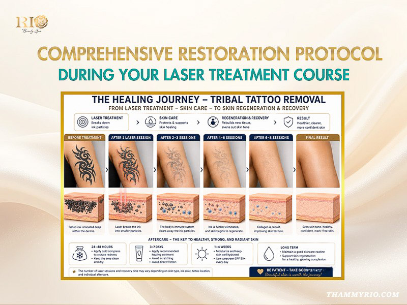 Comprehensive restoration protocol and healing journey chart for tribal tattoo removal at Rio Beauty Clinic.