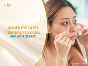 Under eye laser treatment before and after results banner featuring Rio Beauty Spa logo.