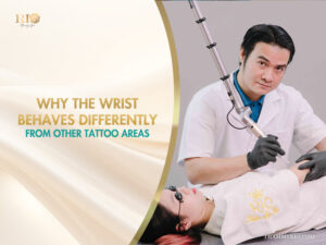 Professional laser wrist tattoo removal procedure being performed at Rio Beauty Spa.