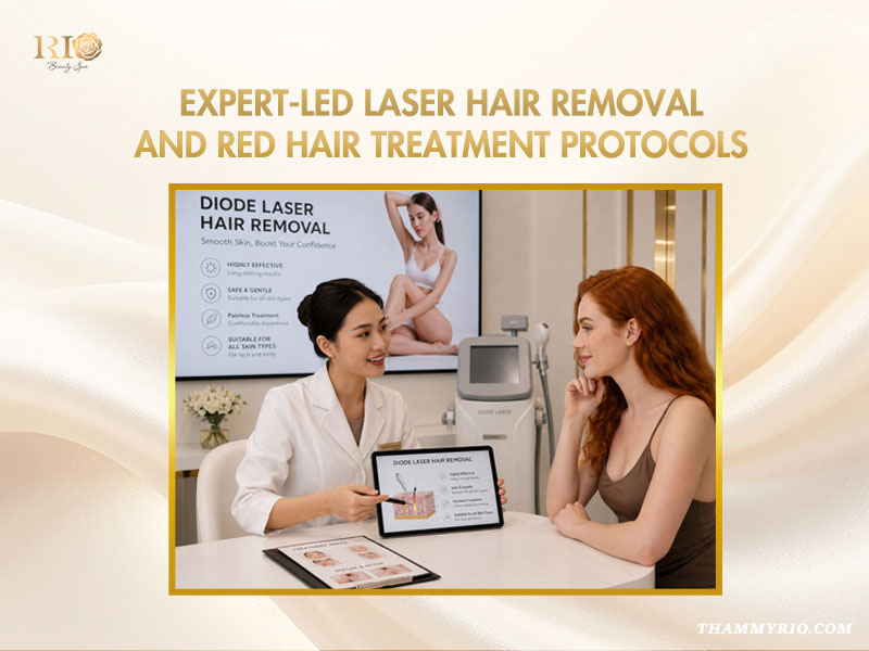 Expert consultant explaining specialized diode laser hair removal for red hair protocols to a client at Rio Beauty Spa.