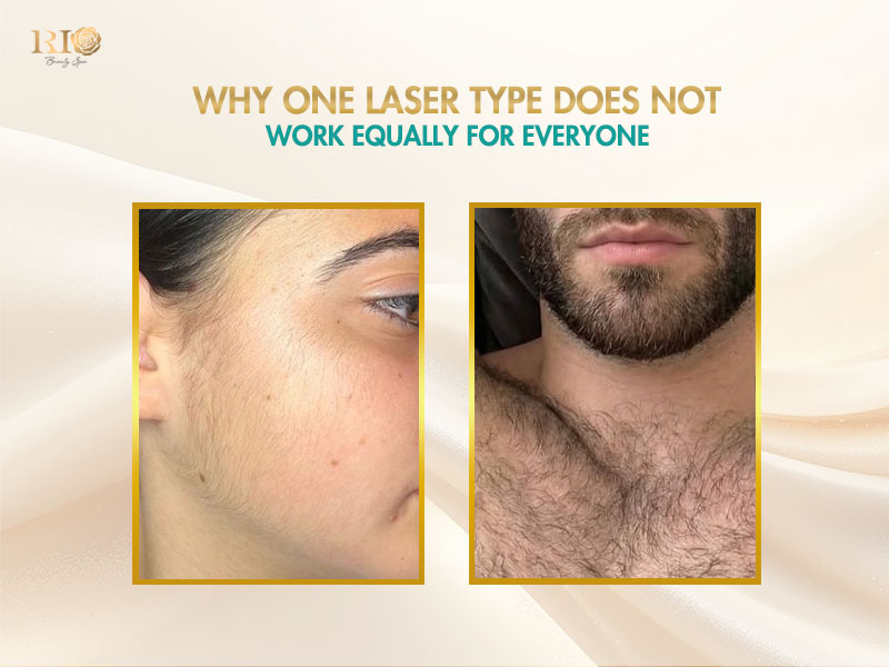 Split-screen showing fine facial hair and coarse male body hair to select the right types of laser hair removal.