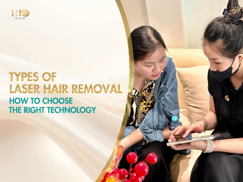 An aesthetician consulting an international client about types of laser hair removal in a modern treatment room.