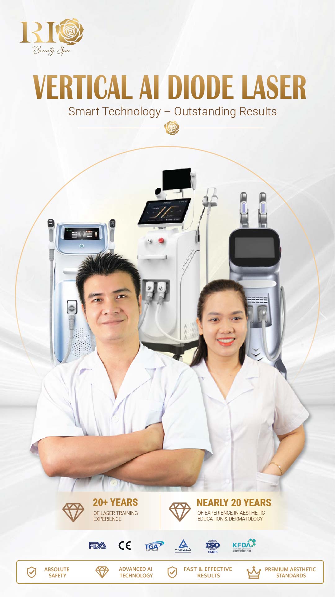 Vertical AI Diode Laser Technology operated by laser expert Tran Manh Thang and beauty specialist Pham Thanh Tam for advanced AI hair removal