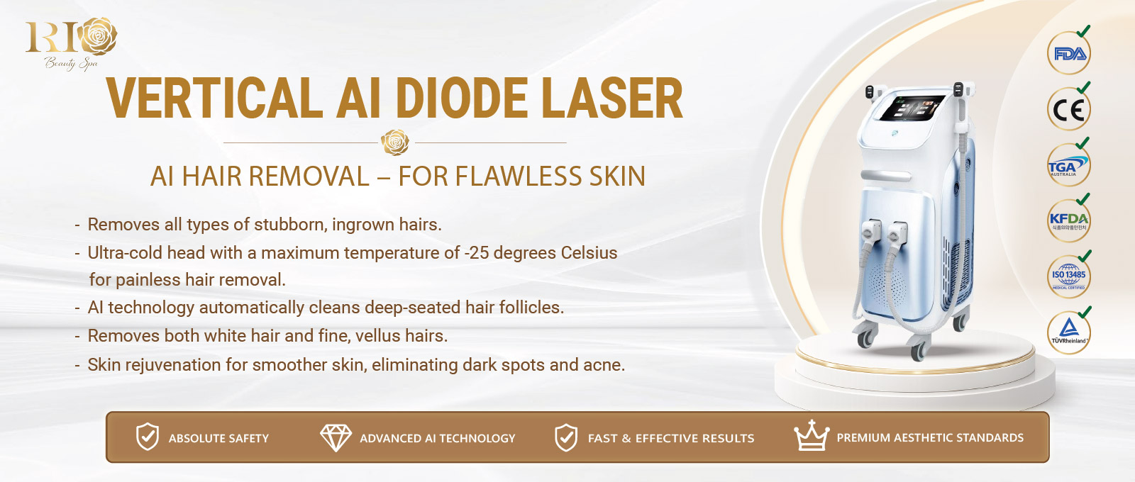 Vertical AI Diode Laser Technology delivering advanced AI-powered laser hair removal with precise follicle targeting