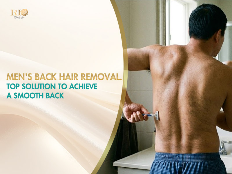 A man struggling to shave his own back, showing the need for professional back hair removal solutions.