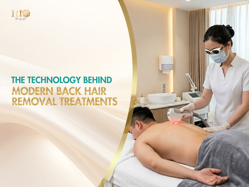 A technician in medical uniform glides a laser handpiece over a man's back during a professional back hair removal session.