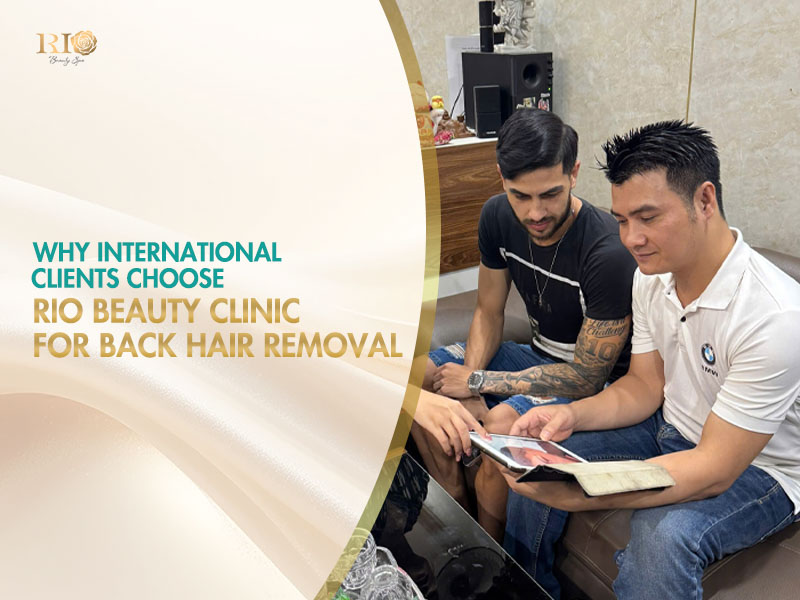 An international male client is warmly welcomed at Rio Beauty Clinic lobby for a professional back hair removal service.