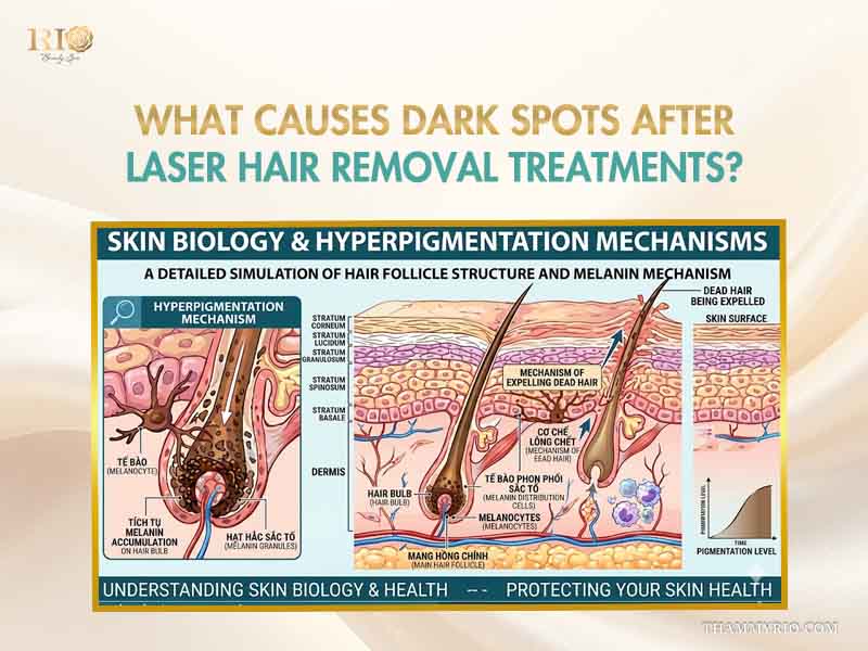 A detailed skin biology diagram by Rio Beauty Spa illustrating hair follicle structure, melanin mechanisms, and hyperpigmentation causes to explain black spots after laser hair removal.
