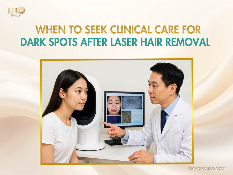 A professional doctor using a skin analysis machine to consult a female patient about persistent black spots after laser hair removal at Rio Beauty Clinic.