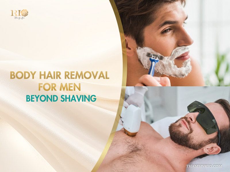 Split view of a traditional razor with foam next to a man's smooth chest after professional body hair removal for men.