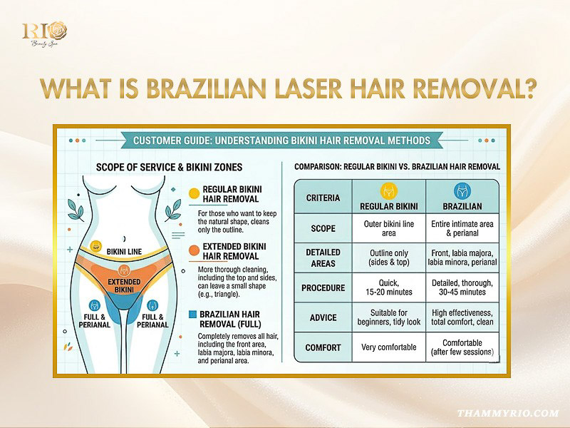 A professional esthetician performing Brazilian Laser Hair Removal for a client at Rio Beauty Clinic, safely targeting the entire pubic region using modern laser technology.
