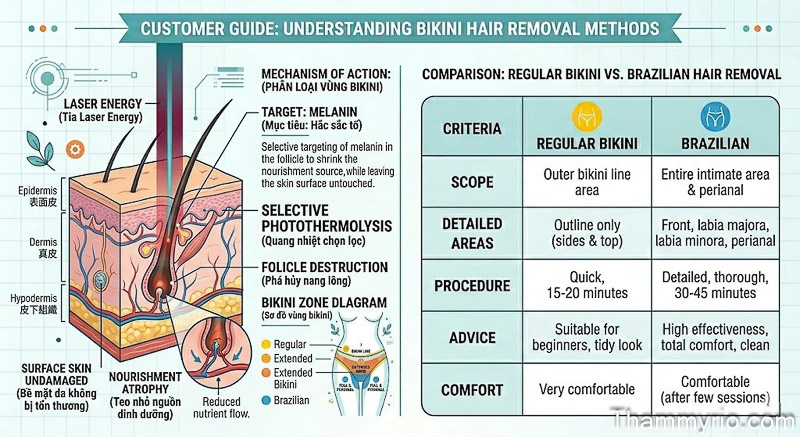 Scientific diagram of Brazilian Laser Hair Removal showing laser beams penetrating skin layers to target melanin in hair follicles without damaging the surrounding skin surface.