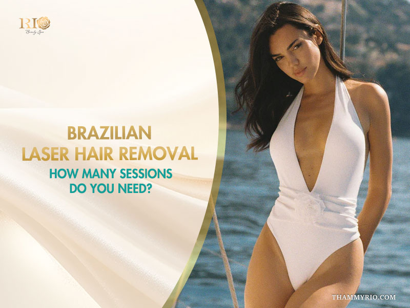A promotional banner for Brazilian laser hair removal how many sessions featuring a woman in a white swimsuit on a boat.