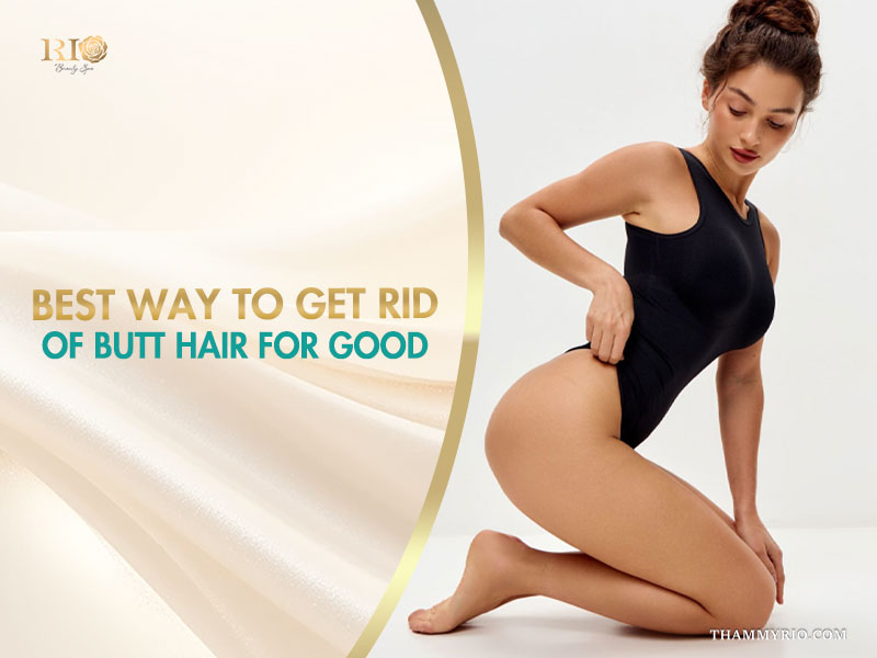 Woman in black bodysuit posing to promote a spa treatment for removing butt hair.