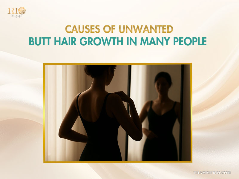 Silhouette of a woman looking in the mirror with text about causes of unwanted butt hair growth.
