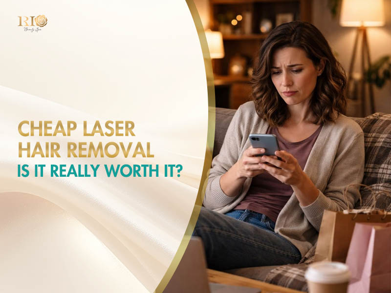 Cheap Laser Hair Removal – A woman looks at her smartphone with a thoughtful expression while comparing laser hair removal package prices in a cozy setting with natural light.