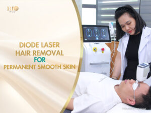 A banner featuring a professional machine for Diode Laser Hair Removal and a woman showcasing her smooth skin.