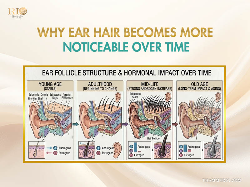 2D scientific graphic of ear hair follicles affected by genetics, highlighting ear hair removal concerns.