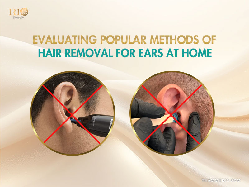 Tweezers and wax with a red cross next to a compact trimmer for safe at-home ear hair removal.