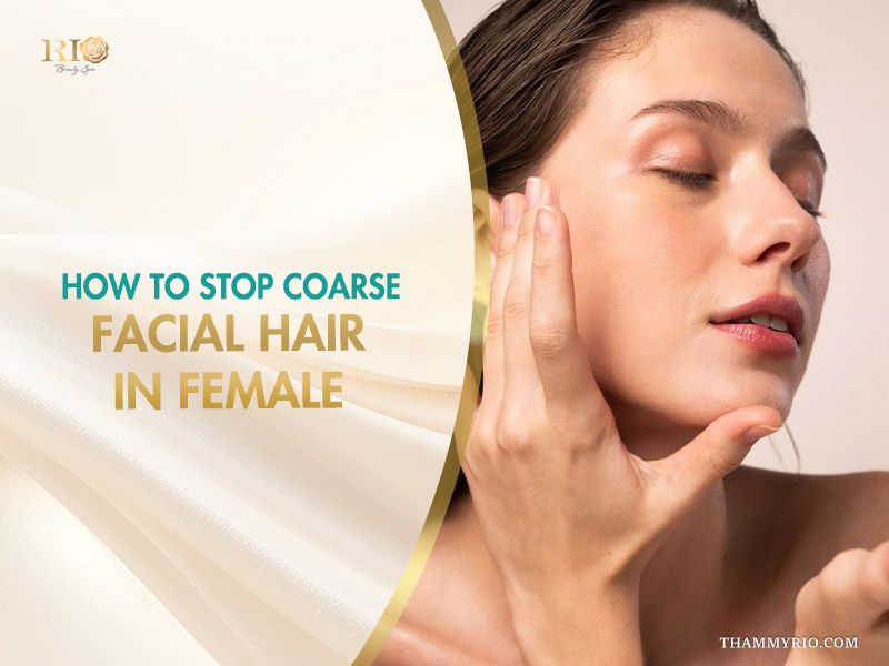 Woman touching her smooth face after effective treatment for coarse facial hair in female.