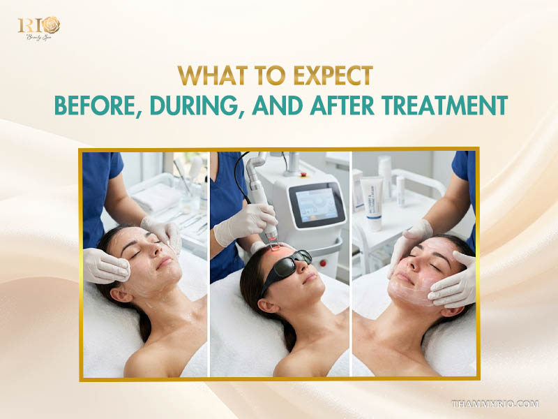 Steps of professional female facial hair removal: before, during, and after treatment at Rio Beauty Clinic.