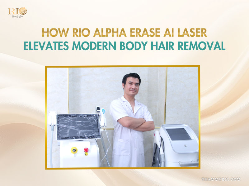 Futuristic Rio Alpha Erase AI Laser device with a touch screen, representing the best way to remove body hair.