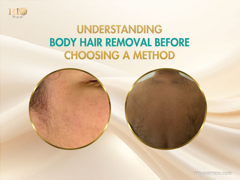 Split screen of delicate facial skin and male back skin, explaining the best way to remove body hair.