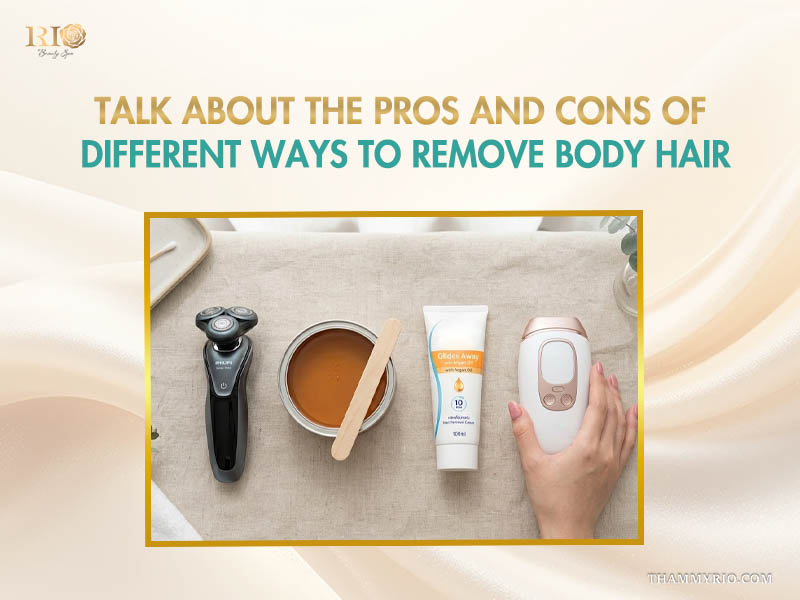 Flatlay of a shaver, wax, cream, and device comparing the best way to remove body hair with pros and cons text.