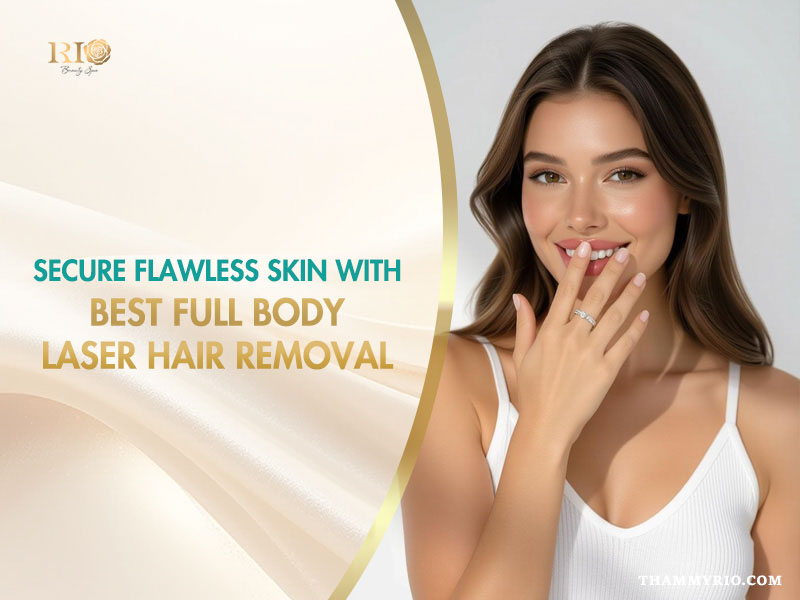 Woman with smooth skin promoting full body laser hair removal service at Rio Beauty Spa.