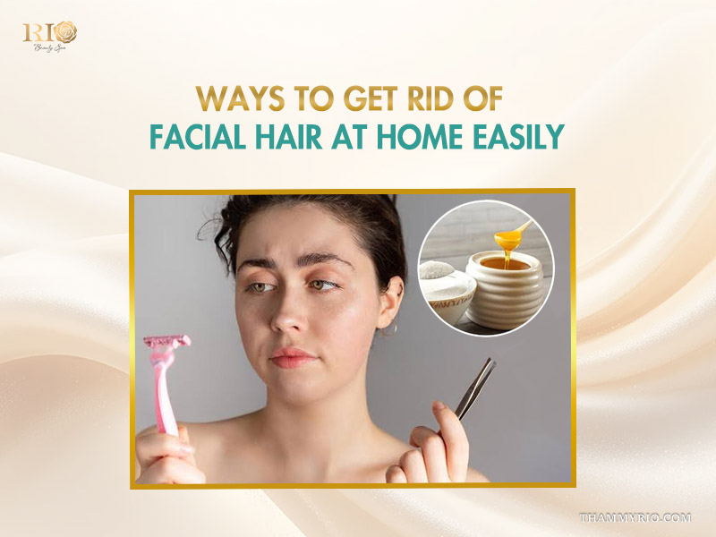A confused woman holding a razor and tweezers, exploring ways to get rid of facial hair at home.