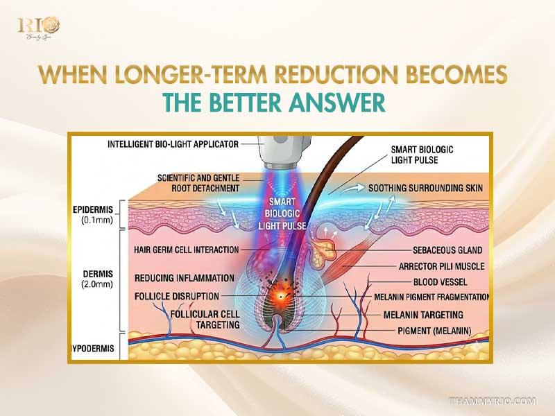 A scientific diagram of bio-light hair removal technology as a better alternative to trying to get rid of facial hair at home.