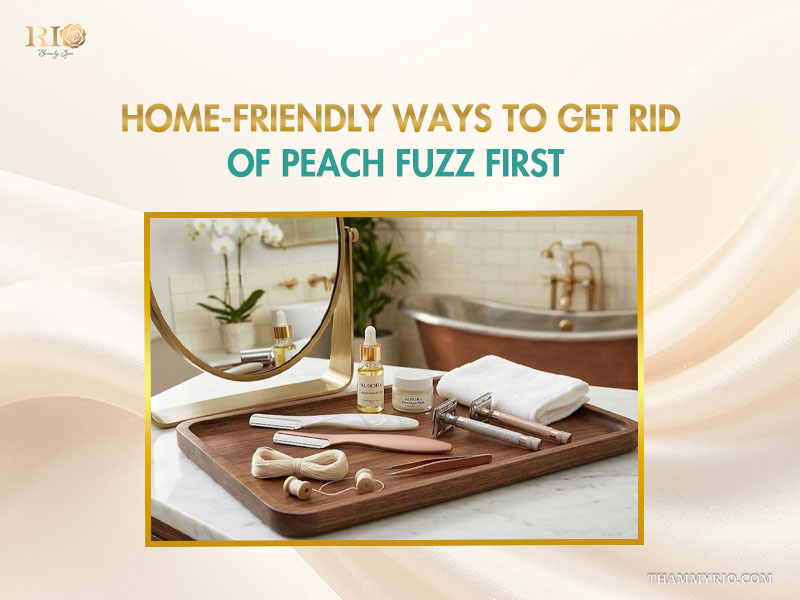 Various tools and skincare products for getting rid of peach fuzz at home, displayed on a wooden tray.