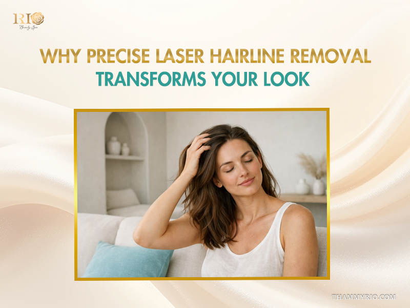 A relaxed woman touching her hair showing the transformative effects of precise hairline laser hair removal at Rio Beauty Spa.