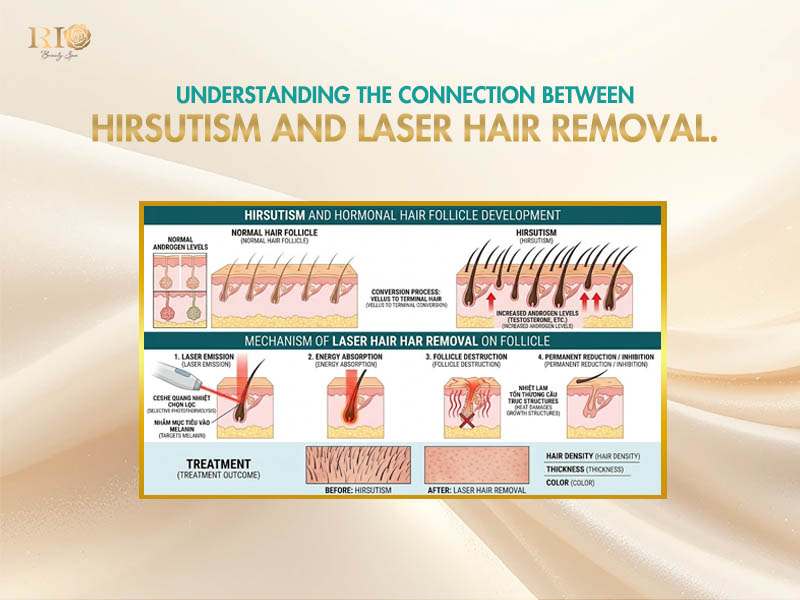 Infographic explaining the mechanism of hirsutism laser hair removal and follicular destruction.