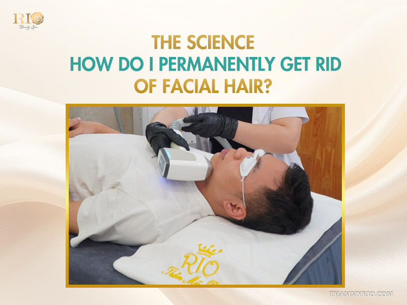 specialist performs laser treatment on a man jawline with text the science how do i permanently get rid of facial hair.