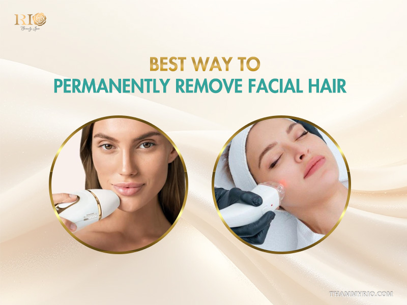 Two graphics comparing home ipl and clinic laser with text best way to permanently remove facial hair.