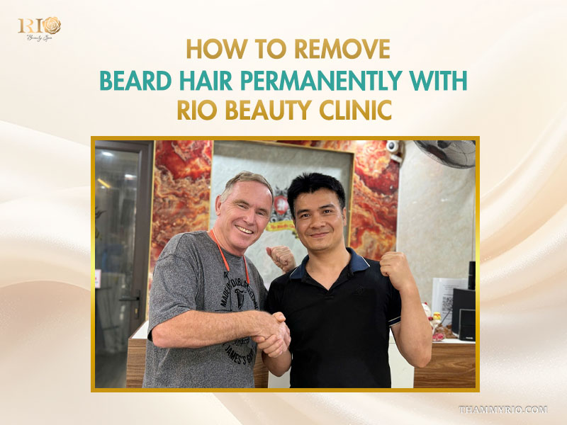 A foreign man shakes hands with a technician with text how to remove beard hair permanently with Rio beauty clinic.