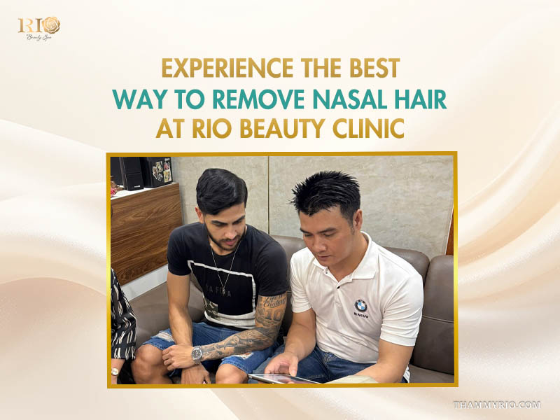 Two men discussing a digital tablet at a clinic to learn how to remove hair from nostrils professionally.