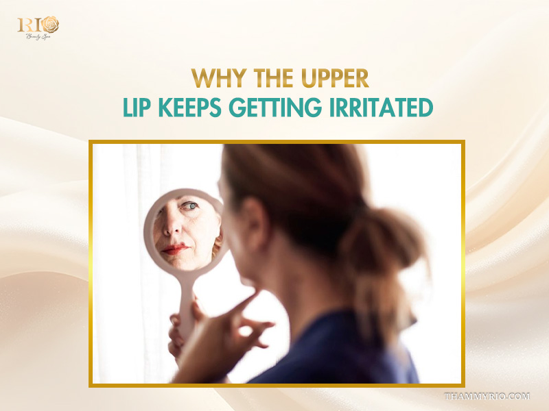 A close-up view of a woman's lower face with redness and inflammation on her upper lip, a common issue caused by an ingrown lip hair, presented by Rio Beauty Spa.