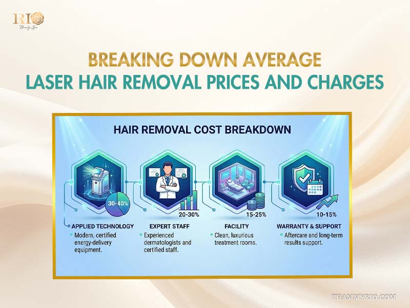 Infographic breaking down the factors influencing the laser for hair removal price, including technology, staff expertise, facility, and support.