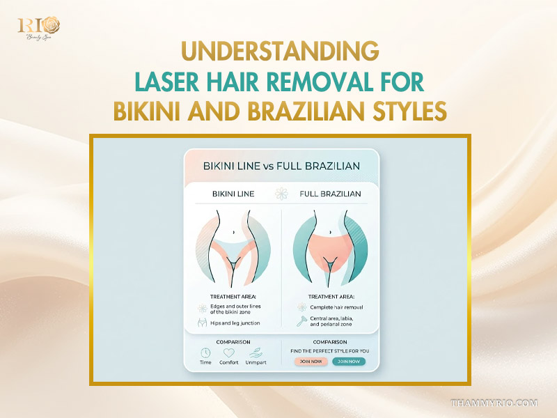 Infographic comparing bikini line and full brazilian styles for professional laser hair removal bikini area services.