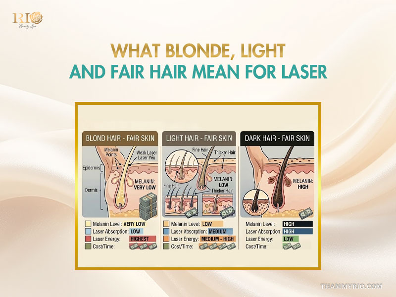 Comparison chart explaining melanin levels and mechanisms of laser hair removal for blonde hair versus dark hair.