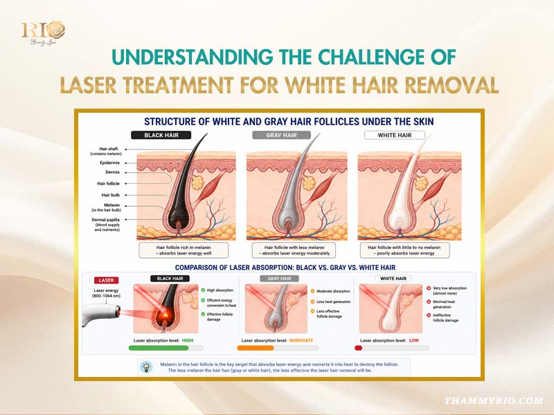 Diagram explaining why laser hair removal for gray hair and white hair is less effective due to low melanin absorption.