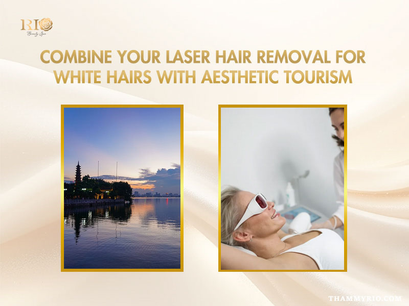 An infographic showing a scenic view of West Lake in Hanoi alongside a woman receiving laser hair removal for gray hair treatment.
