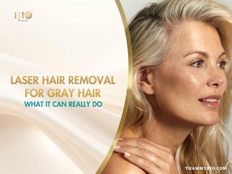 A blonde woman looking to the side next to text about laser hair removal for gray hair treatment capabilities.