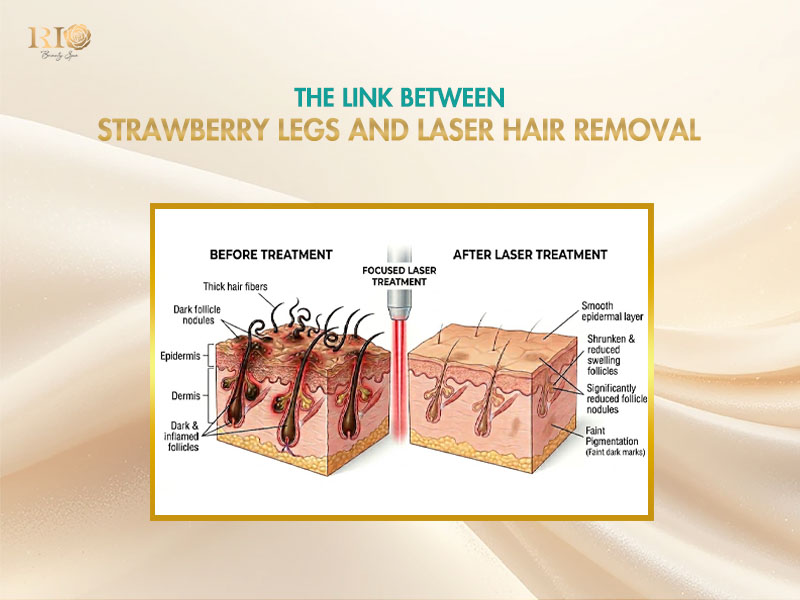 Scientific diagram showing how laser hair removal for strawberry legs works on skin follicles.