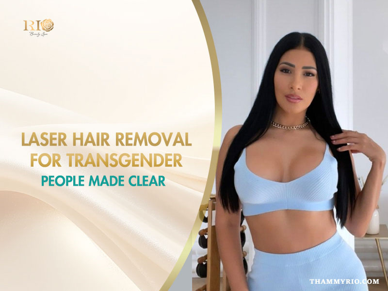 A woman posing in a blue outfit to promote laser hair removal for transgender people at Rio Beauty Spa.