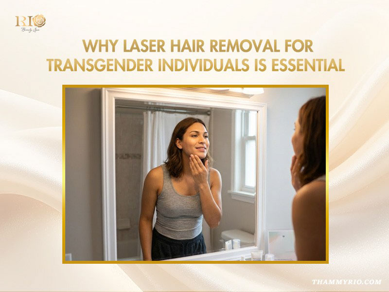 A transgender woman looking at her smooth face in the mirror, highlighting the importance of professional laser hair removal for transgender individuals.